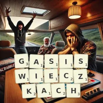 Kreatywna ilustracja do gry w Scrabble ze słowem GASISWIECZKACH ułożonym z płytek na planszy.