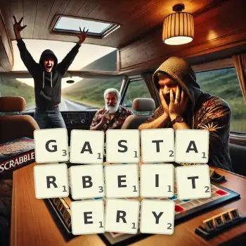 Kreatywna ilustracja do gry w Scrabble ze słowem GASTARBEITERY ułożonym z płytek na planszy.