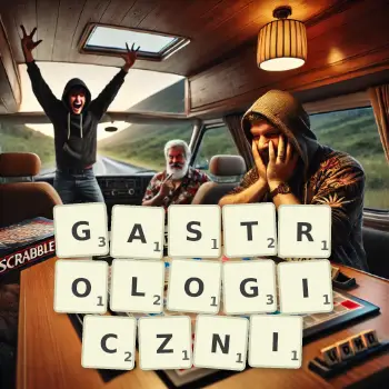 Kreatywna ilustracja do gry w Scrabble ze słowem GASTROLOGICZNI ułożonym z płytek na planszy.