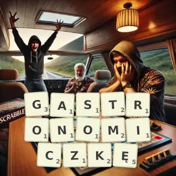 Kreatywna ilustracja do gry w Scrabble ze słowem GASTRONOMICZKĘ ułożonym z płytek na planszy.