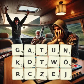 Kreatywna ilustracja do gry w Scrabble ze słowem GATUNKOTWÓRCZEJ ułożonym z płytek na planszy.