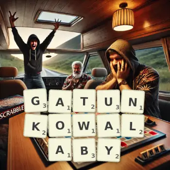 Kreatywna ilustracja do gry w Scrabble ze słowem GATUNKOWALABY ułożonym z płytek na planszy.