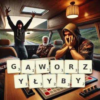 Kreatywna ilustracja do gry w Scrabble ze słowem GAWORZYŁYBY ułożonym z płytek na planszy.