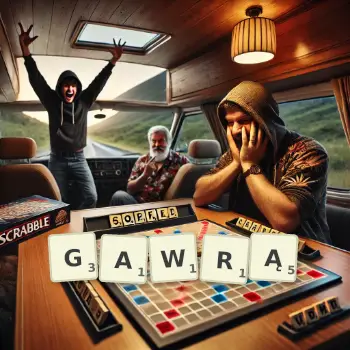 Kreatywna ilustracja do gry w Scrabble ze słowem GAWRĄ ułożonym z płytek na planszy.
