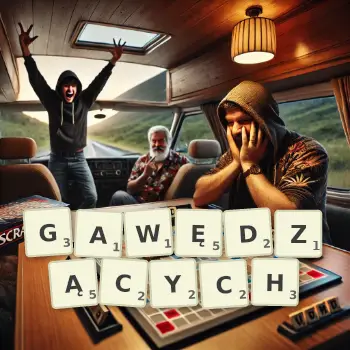 Kreatywna ilustracja do gry w Scrabble ze słowem GAWĘDZĄCYCH ułożonym z płytek na planszy.