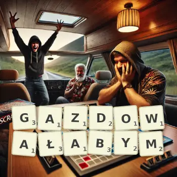 Kreatywna ilustracja do gry w Scrabble ze słowem GAZDOWAŁABYM ułożonym z płytek na planszy.