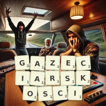 Kreatywna ilustracja do gry w Scrabble ze słowem GAZECIARSKOSCI ułożonym z płytek na planszy.