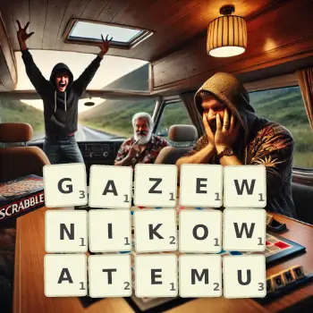 Kreatywna ilustracja do gry w Scrabble ze słowem GAZEWNIKOWATEMU ułożonym z płytek na planszy.