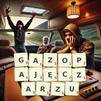 Kreatywna ilustracja do gry w Scrabble ze słowem GAZOPAJĘCZARZU ułożonym z płytek na planszy.