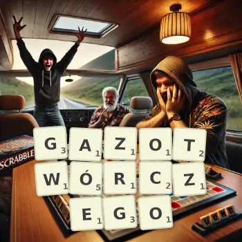 Kreatywna ilustracja do gry w Scrabble ze słowem GAZOTWÓRCZEGO ułożonym z płytek na planszy.