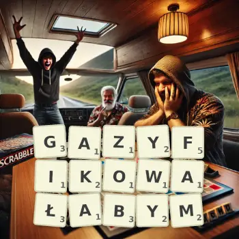 Kreatywna ilustracja do gry w Scrabble ze słowem GAZYFIKOWAŁABYM ułożonym z płytek na planszy.
