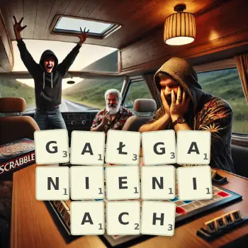 Kreatywna ilustracja do gry w Scrabble ze słowem GAŁGANIENIACH ułożonym z płytek na planszy.