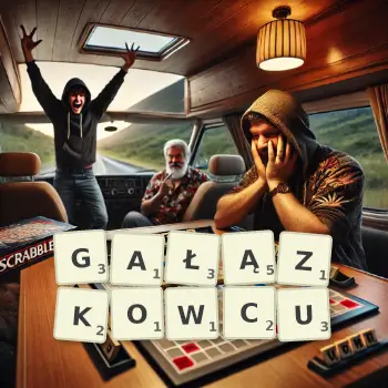 Kreatywna ilustracja do gry w Scrabble ze słowem GAŁĄZKOWCU ułożonym z płytek na planszy.