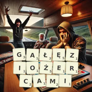 Kreatywna ilustracja do gry w Scrabble ze słowem GAŁĘZIOŻERCAMI ułożonym z płytek na planszy.