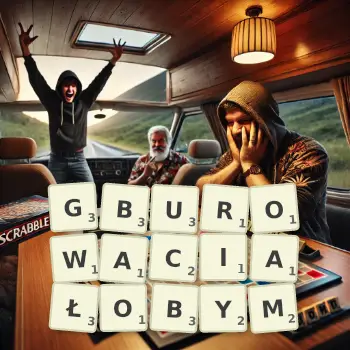 Kreatywna ilustracja do gry w Scrabble ze słowem GBUROWACIAŁOBYM ułożonym z płytek na planszy.