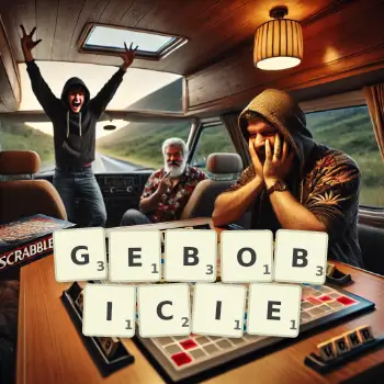 Kreatywna ilustracja do gry w Scrabble ze słowem GEBOBICIE ułożonym z płytek na planszy.