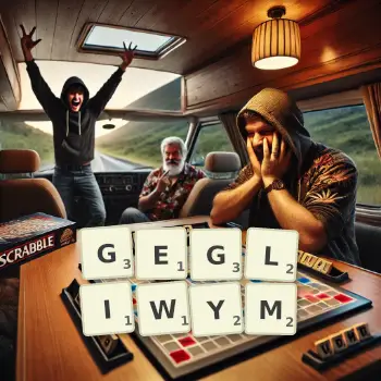 Kreatywna ilustracja do gry w Scrabble ze słowem GEGLIWYM ułożonym z płytek na planszy.