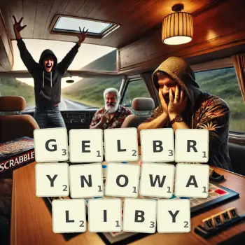 Kreatywna ilustracja do gry w Scrabble ze słowem GELBRYNOWALIBY ułożonym z płytek na planszy.
