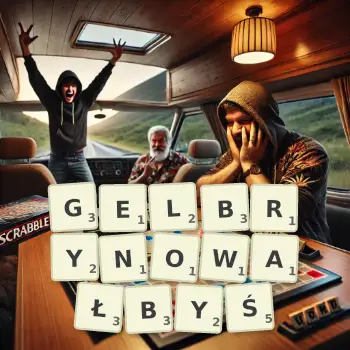 Kreatywna ilustracja do gry w Scrabble ze słowem GELBRYNOWAŁBYŚ ułożonym z płytek na planszy.