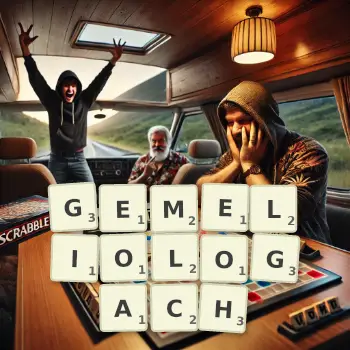 Kreatywna ilustracja do gry w Scrabble ze słowem GEMELIOLOGACH ułożonym z płytek na planszy.
