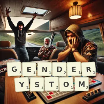 Kreatywna ilustracja do gry w Scrabble ze słowem GENDERYSTOM ułożonym z płytek na planszy.