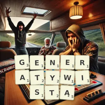 Kreatywna ilustracja do gry w Scrabble ze słowem GENERATYWISTĄ ułożonym z płytek na planszy.