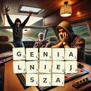 Kreatywna ilustracja do gry w Scrabble ze słowem GENIALNIEJSZA ułożonym z płytek na planszy.