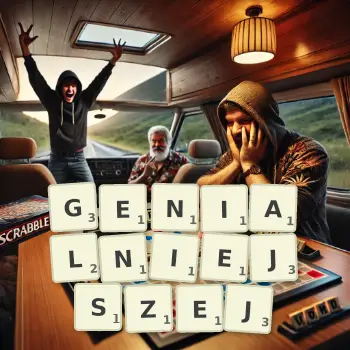 Kreatywna ilustracja do gry w Scrabble ze słowem GENIALNIEJSZEJ ułożonym z płytek na planszy.