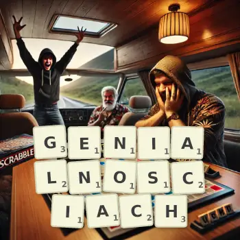 Kreatywna ilustracja do gry w Scrabble ze słowem GENIALNOSCIACH ułożonym z płytek na planszy.