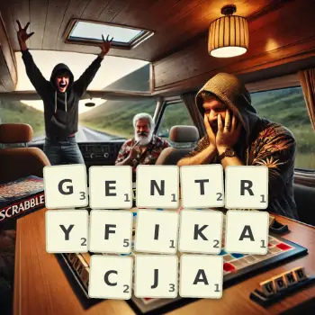 Kreatywna ilustracja do gry w Scrabble ze słowem GENTRYFIKACJA ułożonym z płytek na planszy.