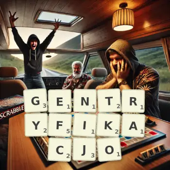 Kreatywna ilustracja do gry w Scrabble ze słowem GENTRYFIKACJO ułożonym z płytek na planszy.