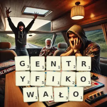 Kreatywna ilustracja do gry w Scrabble ze słowem GENTRYFIKOWAŁO ułożonym z płytek na planszy.