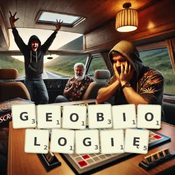 Kreatywna ilustracja do gry w Scrabble ze słowem GEOBIOLOGIĘ ułożonym z płytek na planszy.