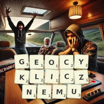 Kreatywna ilustracja do gry w Scrabble ze słowem GEOCYKLICZNEMU ułożonym z płytek na planszy.