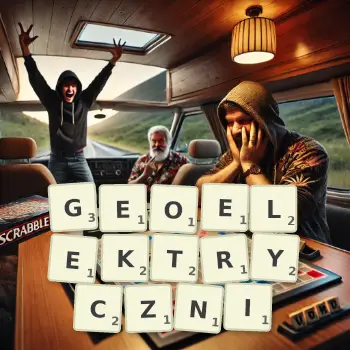 Kreatywna ilustracja do gry w Scrabble ze słowem GEOELEKTRYCZNI ułożonym z płytek na planszy.