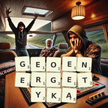 Kreatywna ilustracja do gry w Scrabble ze słowem GEOENERGETYKĄ ułożonym z płytek na planszy.