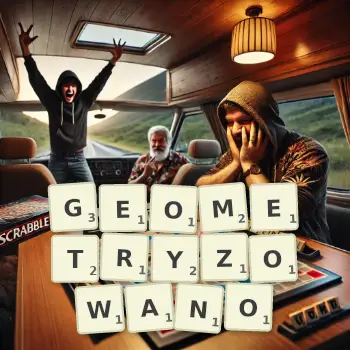 Kreatywna ilustracja do gry w Scrabble ze słowem GEOMETRYZOWANO ułożonym z płytek na planszy.
