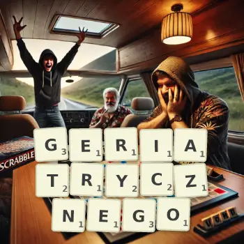 Kreatywna ilustracja do gry w Scrabble ze słowem GERIATRYCZNEGO ułożonym z płytek na planszy.