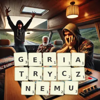 Kreatywna ilustracja do gry w Scrabble ze słowem GERIATRYCZNEMU ułożonym z płytek na planszy.