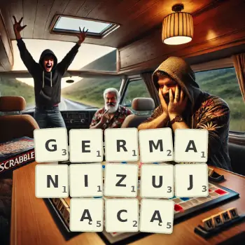 Kreatywna ilustracja do gry w Scrabble ze słowem GERMANIZUJĄCĄ ułożonym z płytek na planszy.
