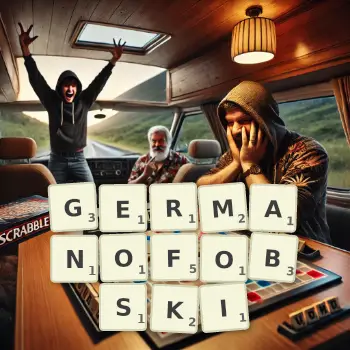 Kreatywna ilustracja do gry w Scrabble ze słowem GERMANOFOBSKI ułożonym z płytek na planszy.