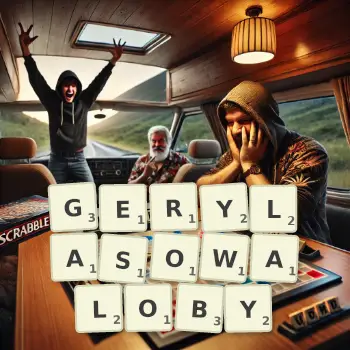 Kreatywna ilustracja do gry w Scrabble ze słowem GERYLASOWALOBY ułożonym z płytek na planszy.