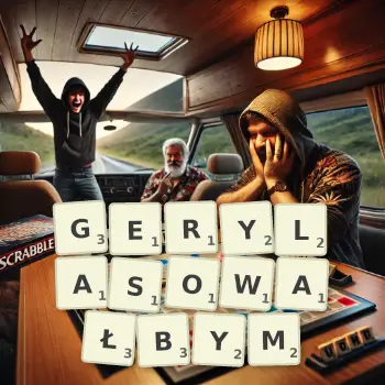 Kreatywna ilustracja do gry w Scrabble ze słowem GERYLASOWAŁBYM ułożonym z płytek na planszy.