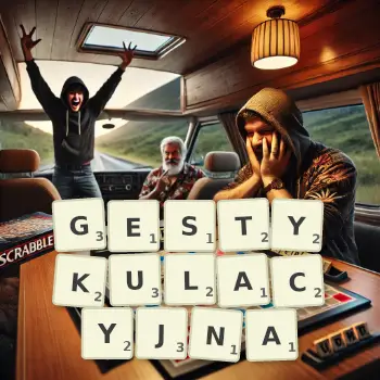 Kreatywna ilustracja do gry w Scrabble ze słowem GESTYKULACYJNA ułożonym z płytek na planszy.