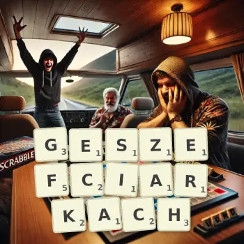 Kreatywna ilustracja do gry w Scrabble ze słowem GESZEFCIARKACH ułożonym z płytek na planszy.