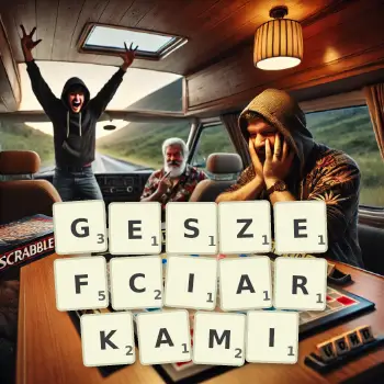 Kreatywna ilustracja do gry w Scrabble ze słowem GESZEFCIARKAMI ułożonym z płytek na planszy.