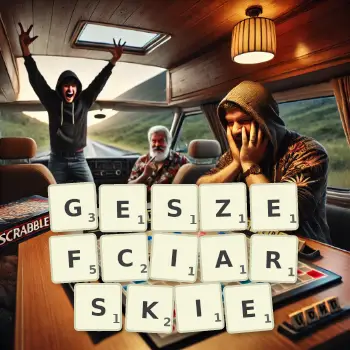Kreatywna ilustracja do gry w Scrabble ze słowem GESZEFCIARSKIE ułożonym z płytek na planszy.