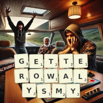 Kreatywna ilustracja do gry w Scrabble ze słowem GETTEROWALYSMY ułożonym z płytek na planszy.