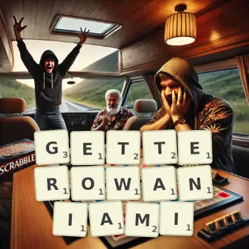 Kreatywna ilustracja do gry w Scrabble ze słowem GETTEROWANIAMI ułożonym z płytek na planszy.