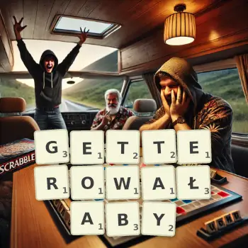 Kreatywna ilustracja do gry w Scrabble ze słowem GETTEROWAŁABY ułożonym z płytek na planszy.